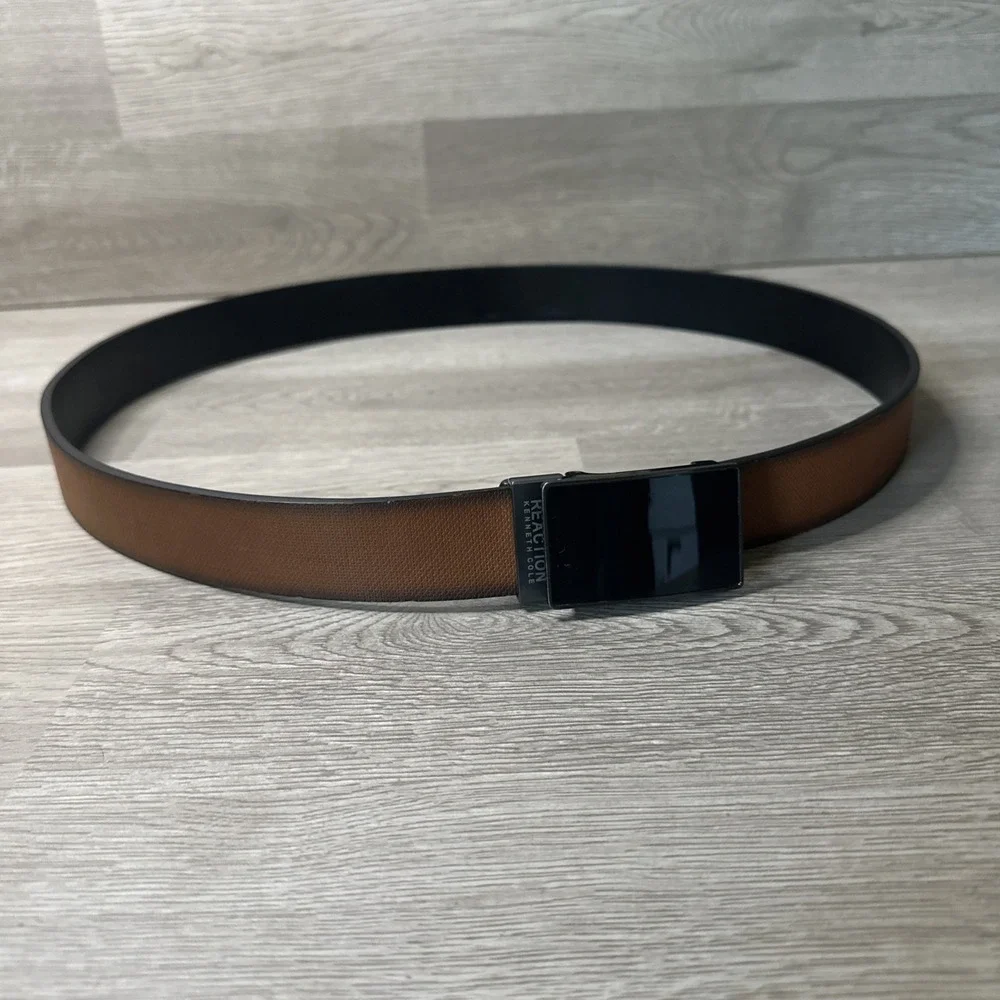 Kenneth Cole REACTION Mens Track Belt Black Brown M 34-36 Black Buckle Medium